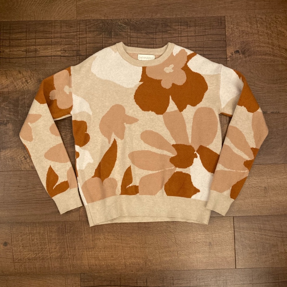 Cynthia Rowley Jacquard Floral Crewneck Sweater Rust/Cream/Beige DarkAcademia XS